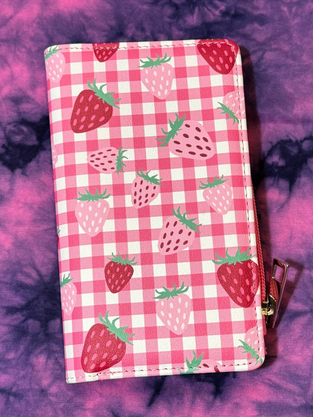 Pink Strawberry Gingham Zip Wallet